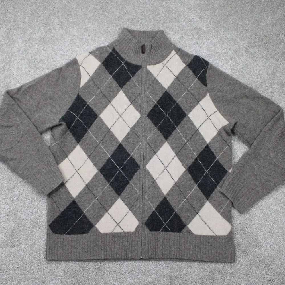J Crew Lambswool‎ Sweater Mens Large Gray/Blue Argyle Full Zip L/S Sweatshirt
